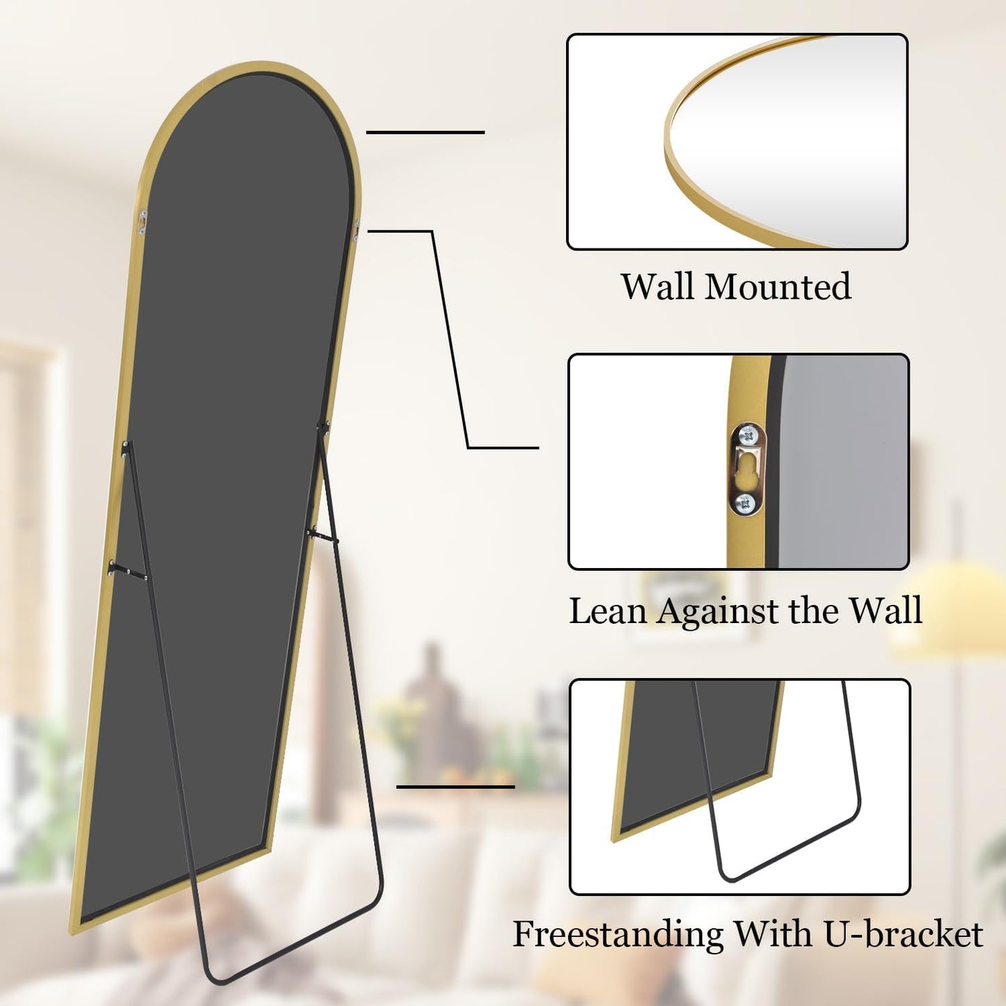 VooBang Arch Mirror Full Length, 26" x 71" Floor Mirror with Stand, Aluminum Alloy Frame Full Body Mirror, Standing Hanging or Leaning Against Wall for Bedroom and Living Room, Gold