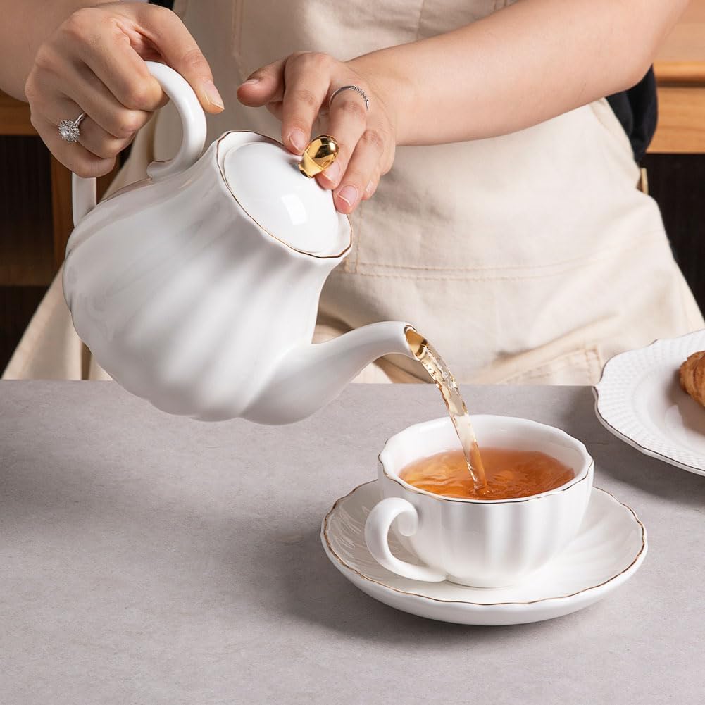 Sweejar Royal Teapot, Ceramic Tea Pot with Removable Stainless Steel Infuser, Blooming & Loose Leaf Teapot - 40 Ounce (White)