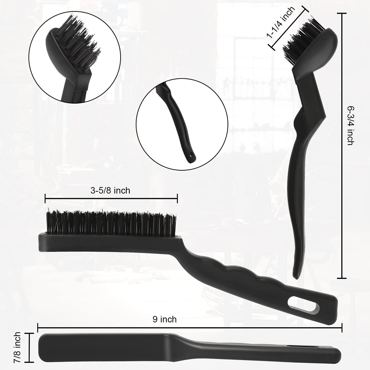 Wire Brushes Pack of 6. for Cleaning Welding Slag, Rust and Dust. 9" and 6-3/4" Brass, Nylon, Stainless Steel Brushes with Rigid Handle