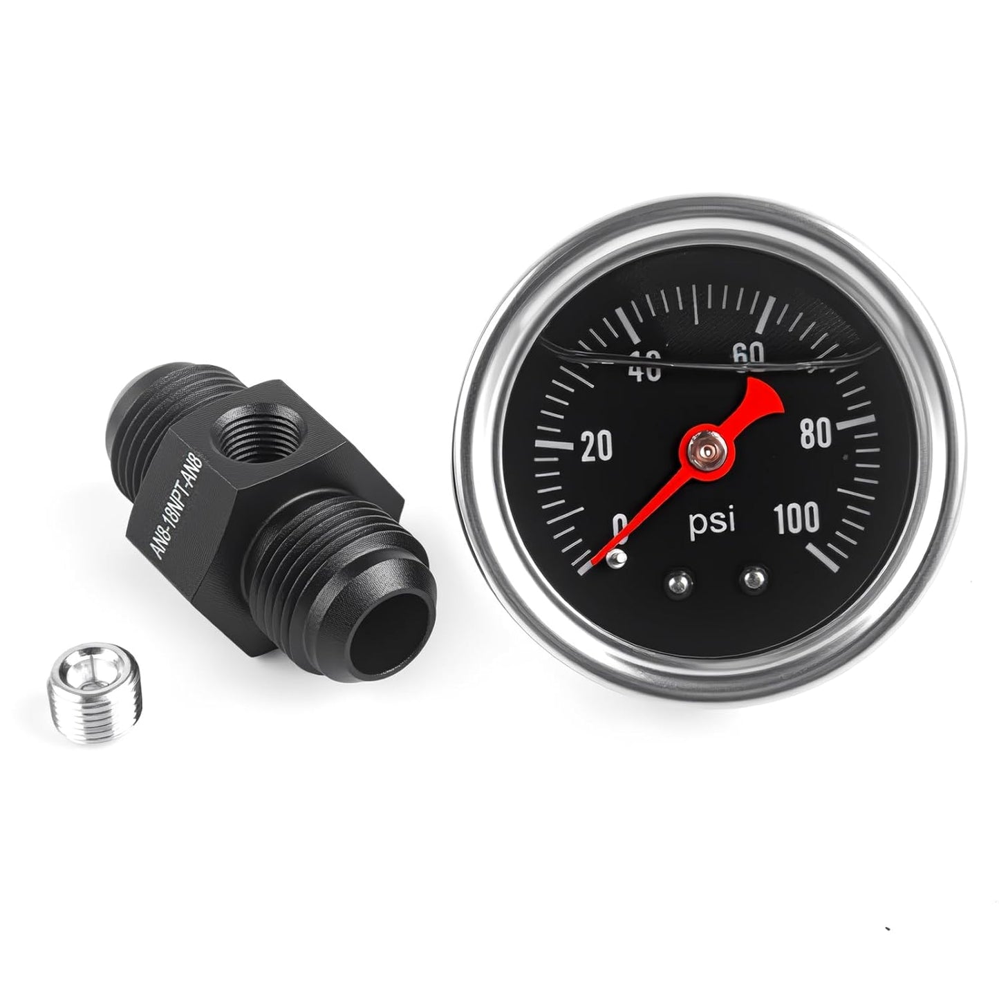 Universal 0-100psi Fuel Pressure Gauge 1/8" NPT Oil Press Gauge with 8AN Male to 8AN Male Fuel Pressure Fitting Adapter