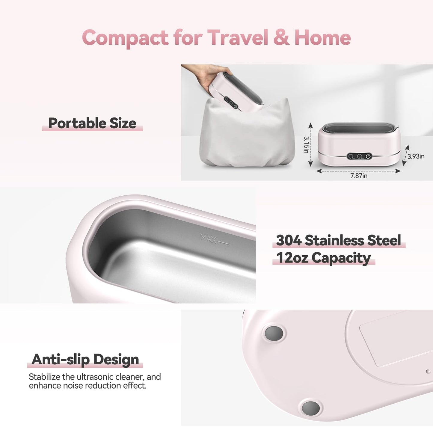 Ultrasonic Jewelry Cleaner, Upgraded 48KHz Ultrasonic Cleaner Machine with 304 Stainless Steel for Jewelry, Eyeglasses, Rings, Dentures, Watch Strap(Light Pink)