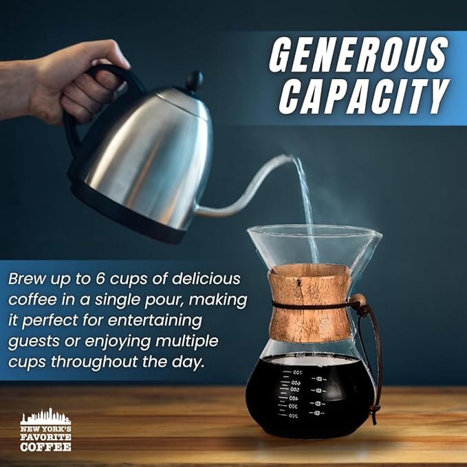 New York's Favorite Coffee - 6 Cup Pour Over Coffee Maker,Borosilicate Glass Carafe with Wooden Collar,Drip Coffee Brewer for Home & Office,Dishwasher Safe