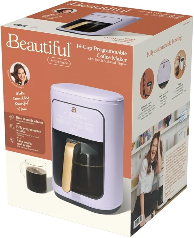 Beautiful by Drew Barrymore 14-Cup Programmable Drip Coffee Maker, Touch-Activated Display, Fast 14-Min Brew, Bold Strength, Keep Warm 4hrs, Gold Filter (Lavender)