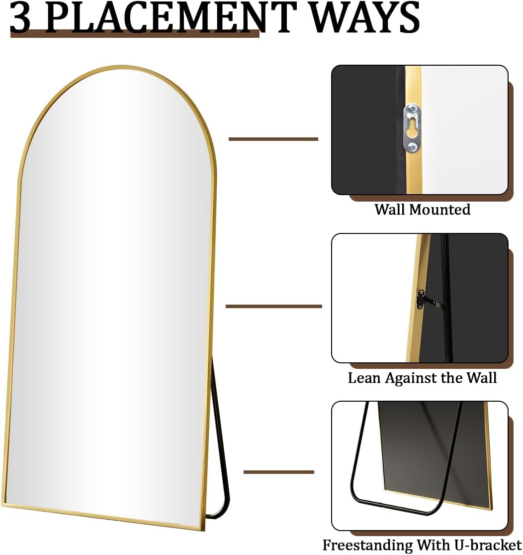 VooBang 24 x 65 inch Arched Full Length Mirror, Gold Arch Floor Mirror Full Length with Stand, Full Body Standing Mirror for Living Room, Bedroom, Hanging or Leaning Against The Wall