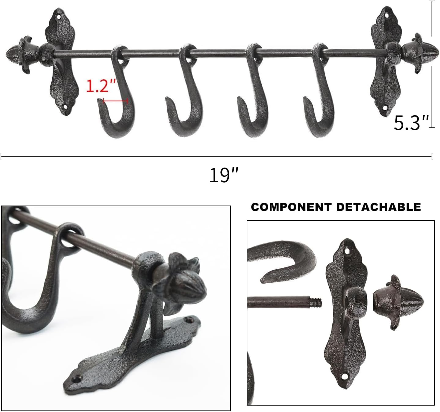 Sungmor Vintage Cast Iron Wall Hook Rack - Rustic Farmhouse Wall-Mounted Hanger for Coats, Keys, Mugs, Towels - Heavy Duty Decorative Organizer with 4 Removable Hooks