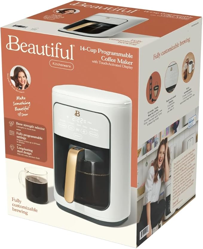 Beautiful by Drew Barrymore 14-Cup Programmable Drip Coffee Maker, Touch-Activated Display, Fast 14-Min Brew, Bold Strength, Keep Warm 4hrs, Gold Filter (White Icing)