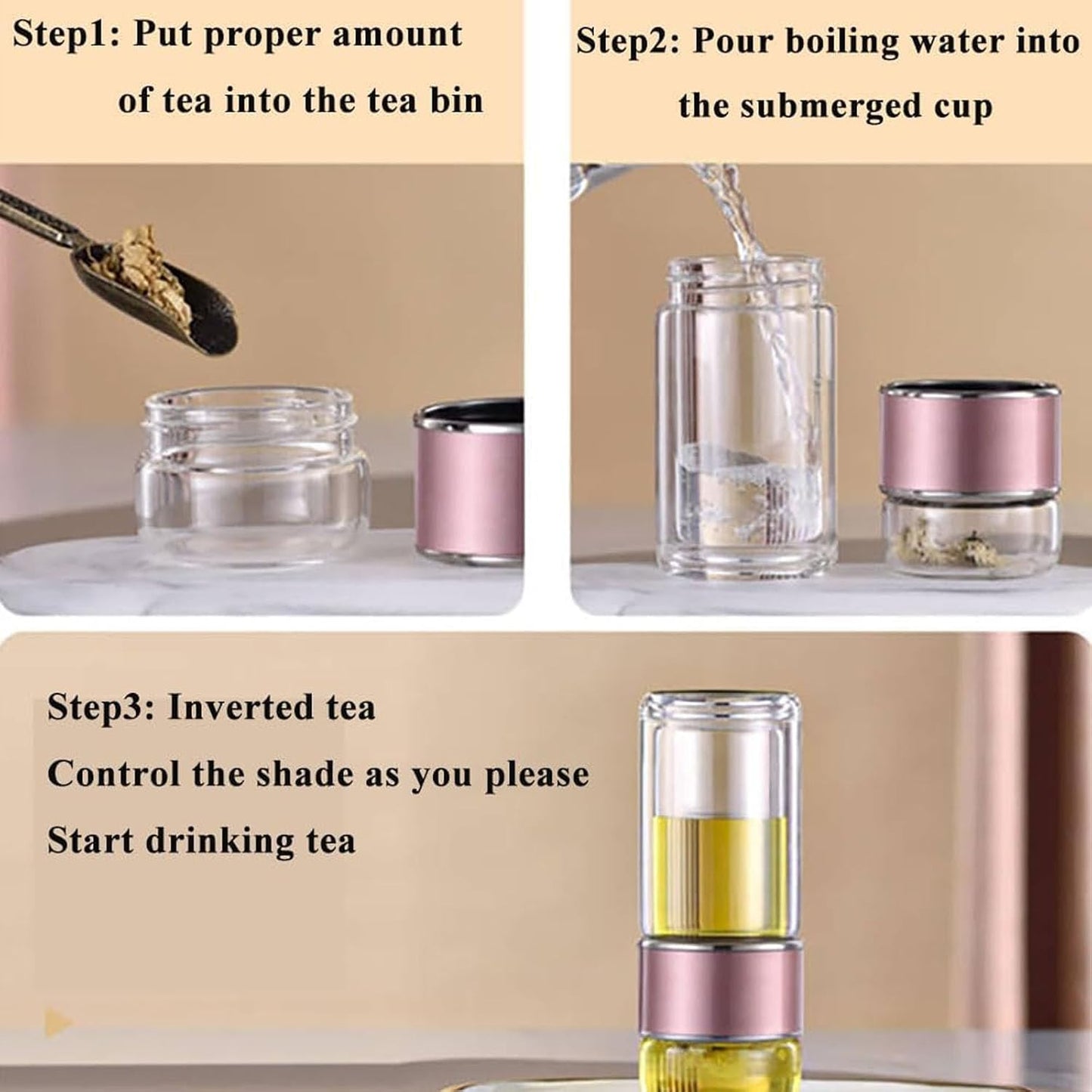 QUROXO 2025 New Tryteava Glass Infuser, Teava 3-In-1 Smart Tea Infuser with Cup Brush, Double-Layer Borosilicate Glass Tryteava Tea infusers Separation Cup (Silver, 350ml (12oz))