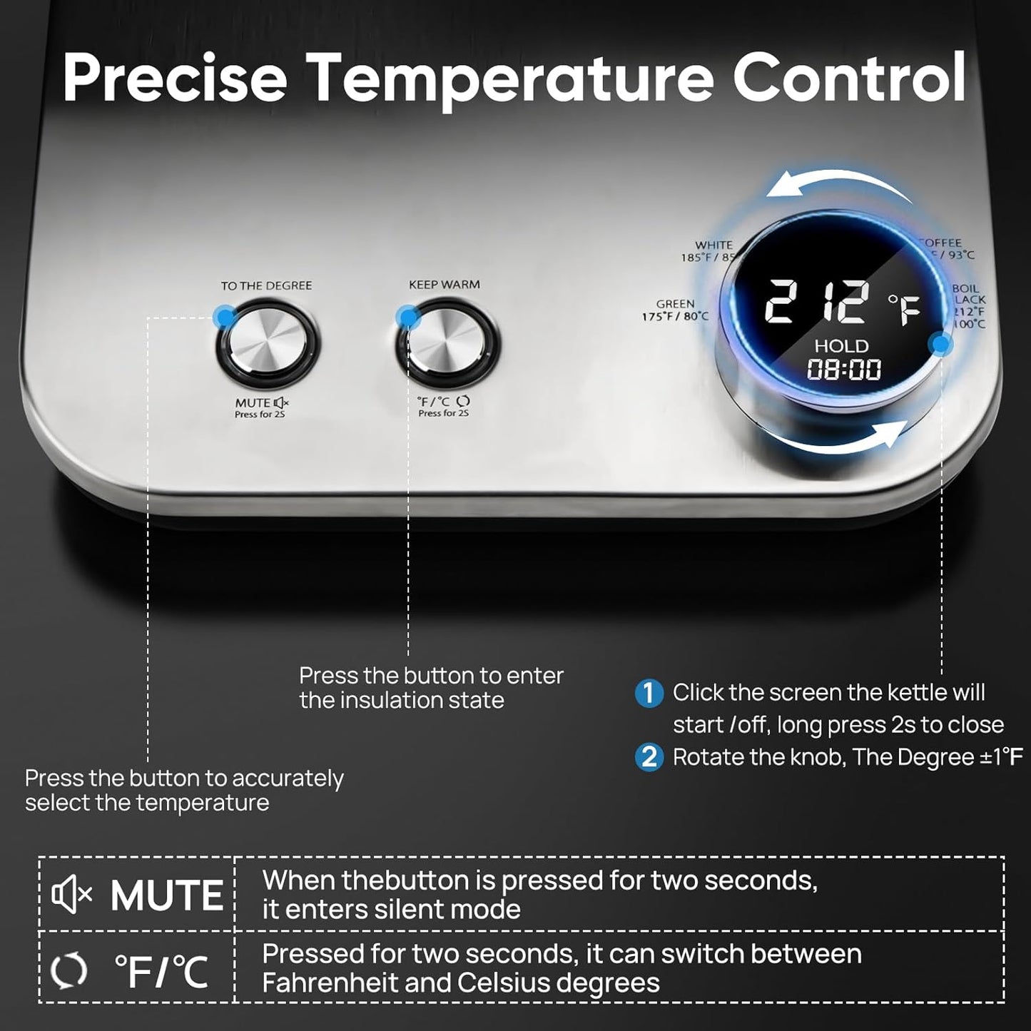 COZII Gooseneck Electric Kettle,5 Presets & ±1℉ Temperature Control 1200W Quick Heating Water Boiler for Coffee/Tea, 24H Keep Warm, Auto Shut Off Pour Over Kettle with 50pcs Coffee Filter,0.9L Silver