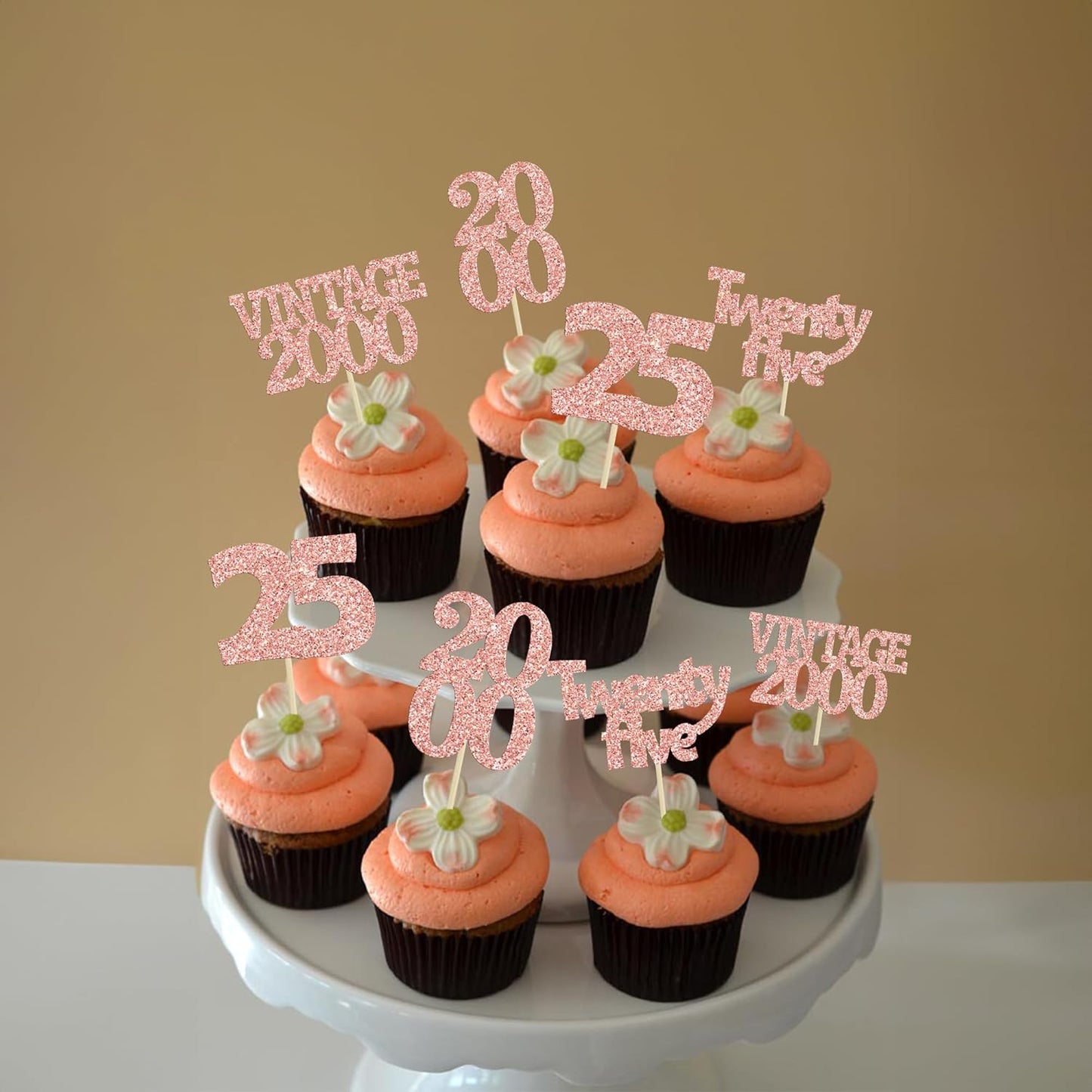 Gyufise 24Pcs 25th Birthday Cupcake Toppers Glitter Twenty-five Vintage 2000 Hello 25 Years Birthday Cupcake Picks Cheers to 25 Cake Decor for Happy 25th Anniversary Party Supplies Rose Gold