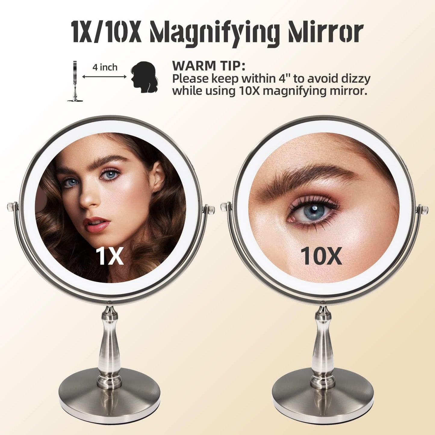 9 "Large Light Makeup Mirror, 1x / 10x True HD Magnifying Mirror, 3-Color Light dimmable, 2 Rechargeable Makeup Mirrors 360° Rotation, Standing Desk Makeup Mirror, Brush Nickel