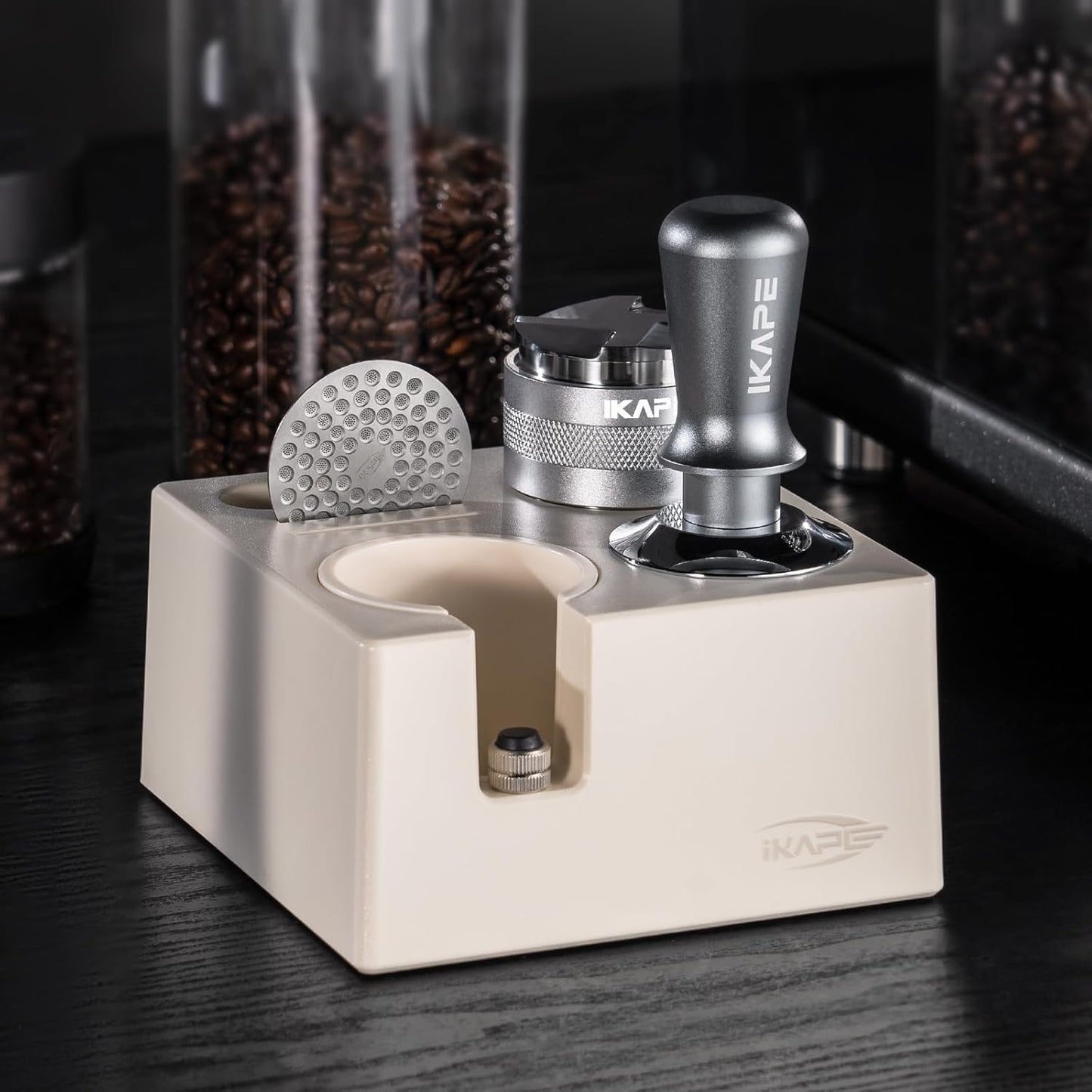 IKAPE 51MM Espresso Tamper Kit Silver 8 IN 1, Coffee Tamper Set comprising a Tamper, Distributor, Magnetic Dosing Funnel, Puck Screen, Station, WDT Tool, along with a Cleaning Towel and Brush