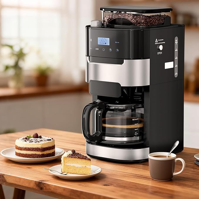 Drip Coffee Maker with Grinder Built In, 10-Cup Grind and Brew Coffee Machine, Programmable with Brew Strength, Permanent Filter, Glass Carafe, 50oz Water Reservoir, Ideal for Home/Office, Black