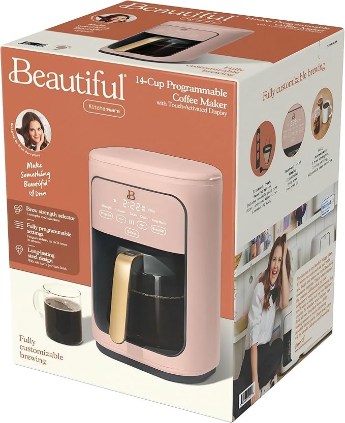 Beautiful by Drew Barrymore 14-Cup Programmable Drip Coffee Maker, Touch-Activated Display, Fast 14-Min Brew, Bold Strength, Keep Warm 4 H, Gold Filter (Rose)