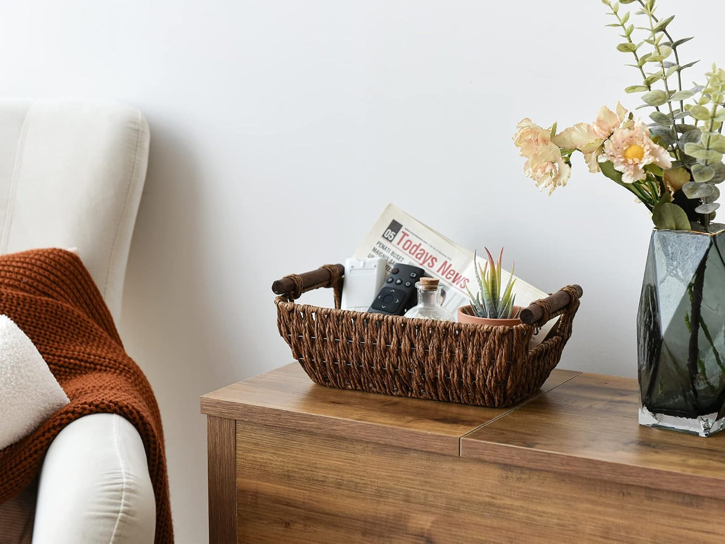 StorageWorks Handwoven Small Wicker Baskets, Round Paper Rope Storage Baskets with Wooden Handles, Dark Brown, 2-Pack