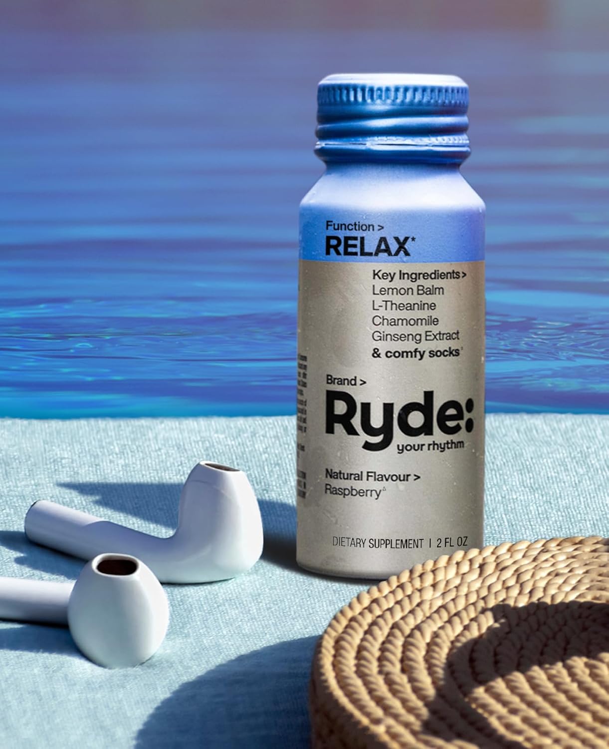 Ryde: Relax Shot | Raspberry Flavor | Lemon Balm, L-Theanine, Ginseng & Chamomile | 0 Calories, 0 Sugar | 2 FL OZ Shots | Helps You Relax* (8 Pack)