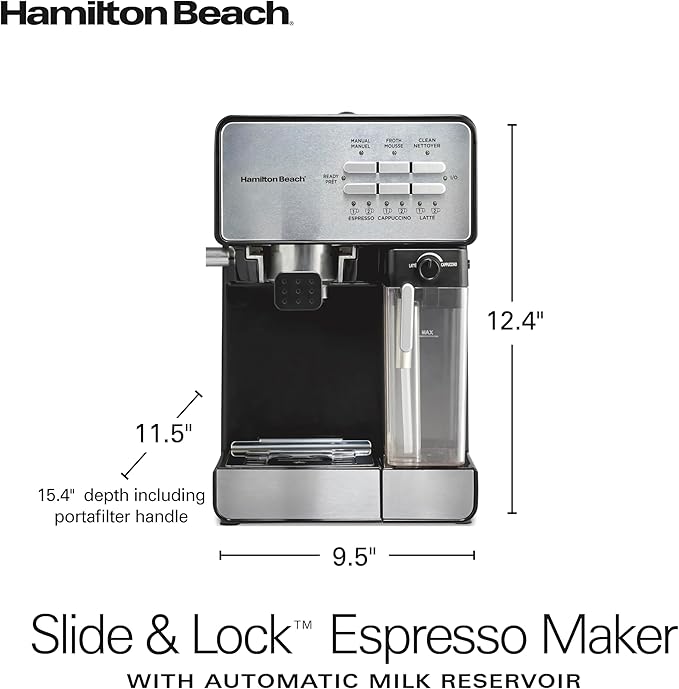 Hamilton Beach Slide and Lock Espresso Machine, Programmable Coffee Maker for Café-Quality Cappuccino & Latte, 15 Bar Pump, Milk Frother Steamer Wand, 70 oz. Removable Reservoir, Black (40750)