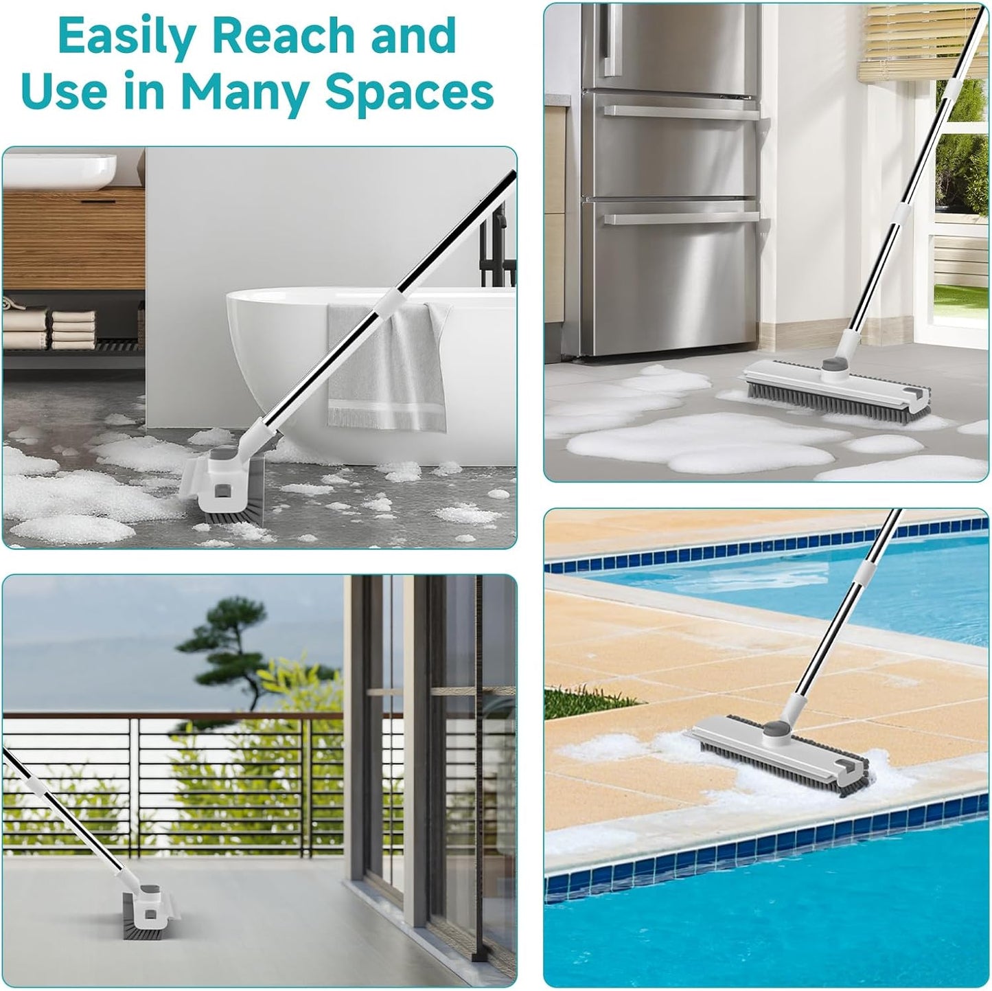 Floor Scrub Brush with Long Handle Length Adjustable, 3 in 1 Heavy-Duty Stiff 90° Bristle Floor Scrubber Broom with Squeegee, for Bathroom, Garage, Kitchen, Tile, Deck & Patio (White)