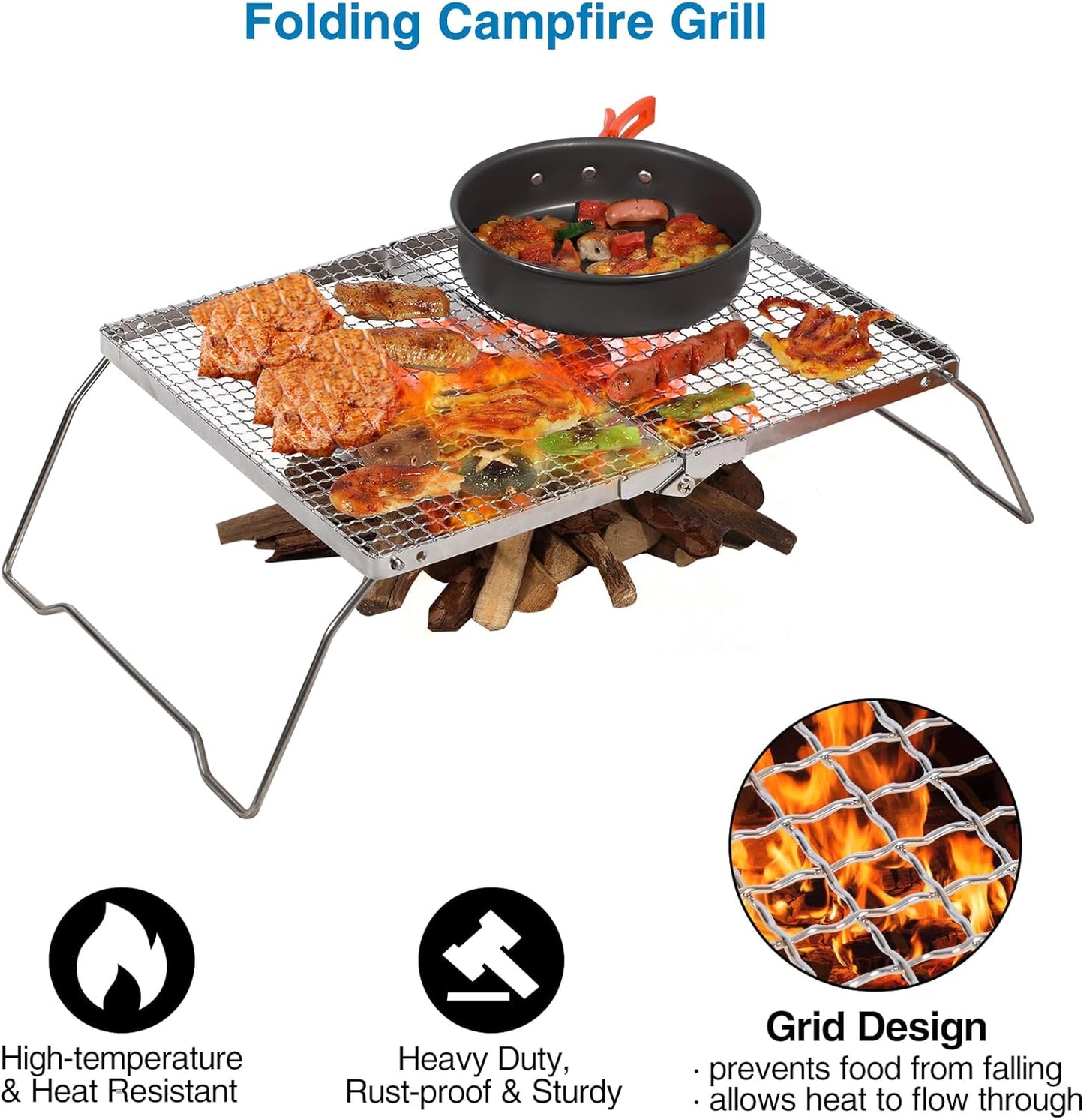 REDCAMP 17" Large Folding Campfire Grill with Mesh, 304 Stainless Steel Grate, Heavy Duty Portable Camping Grill with Carrying Bag for Outdoor Cooking BBQ