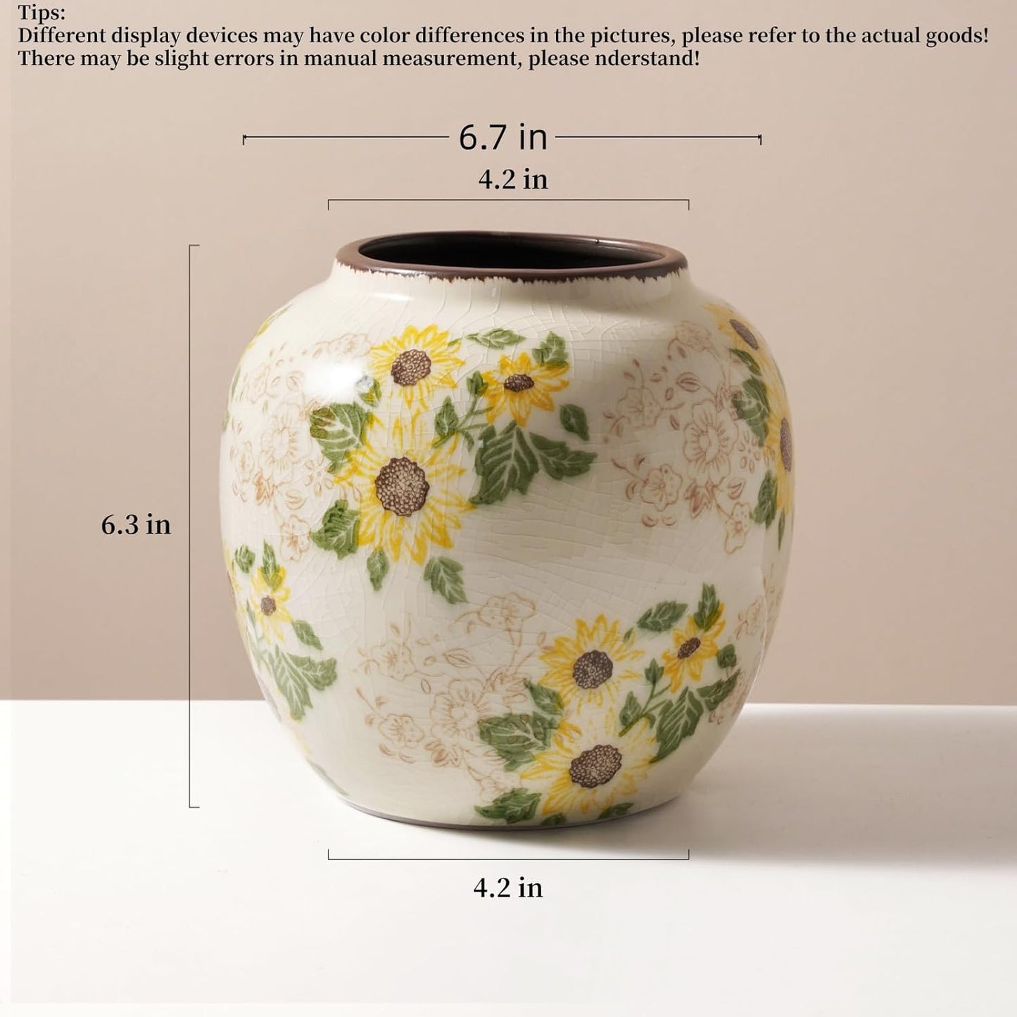 Round Pastoral Ceramic Vase, 6.3 Inch Chinoiserie Sunflower Yellow Floral Vases, Retro Ice Cracked Rustic Antique Flower Vases for Rustic Living Room Home Decor (Large Round)