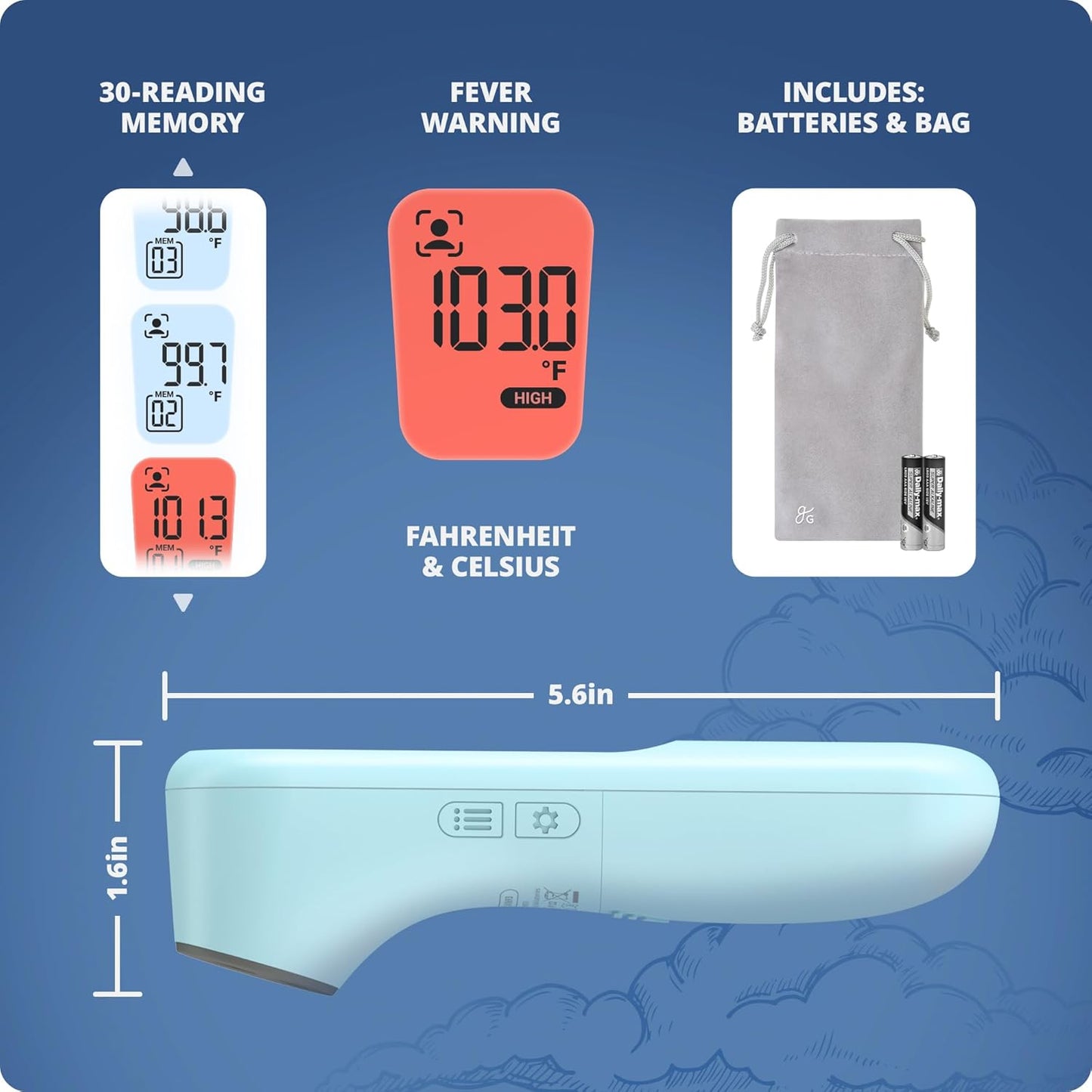 Greater Goods No-Touch Infrared Digital Thermometer for Adults, Kids, and Babies, Forehead Thermometer with Ergonomic Grip, Fever Alarm, Powder Blue