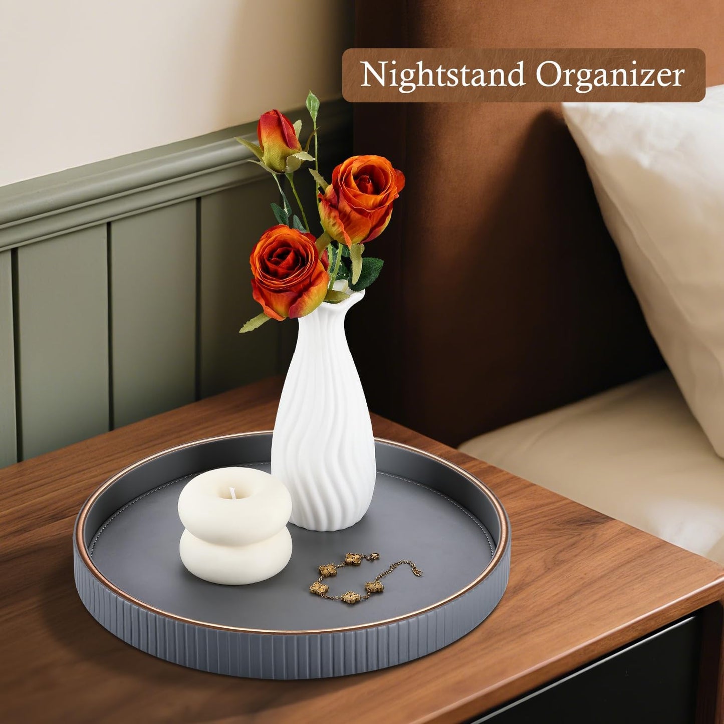 GORESE Round Coffee Table Tray for Home Decor, 12" PU Leather Decorative Serving Trays Table Centerpiece for Kitchen Island, Perfume Trinket Trays for Dresser, Ottoman Tray Nightstand Organizer, Gray