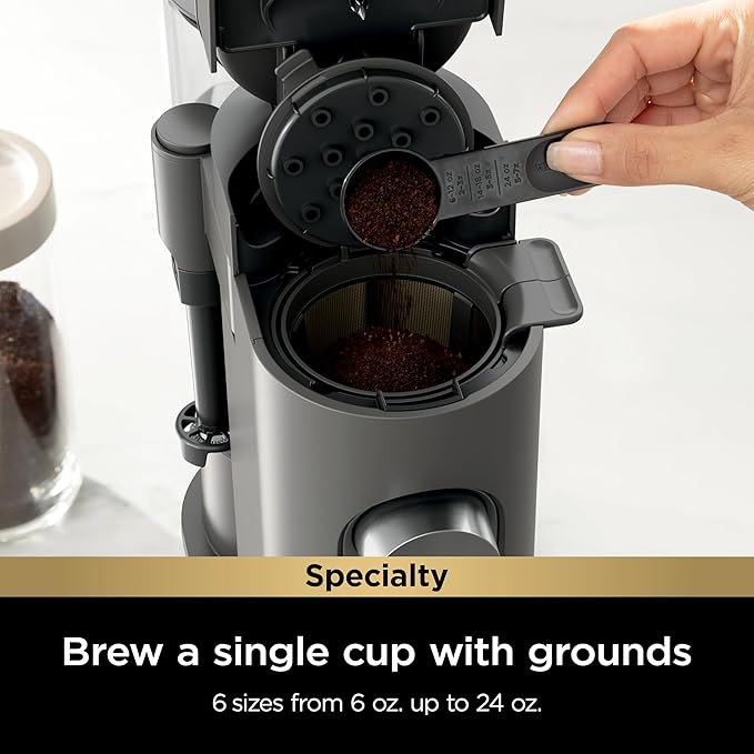 Ninja Single-Serve Coffee Maker, Pods & Grounds, 4 Brew Styles: Classic, Rich, Over Ice, Specialty, Compact, Frother, 6-24 oz Brew Sizes, Travel Mug Friendly, Gray, PB050