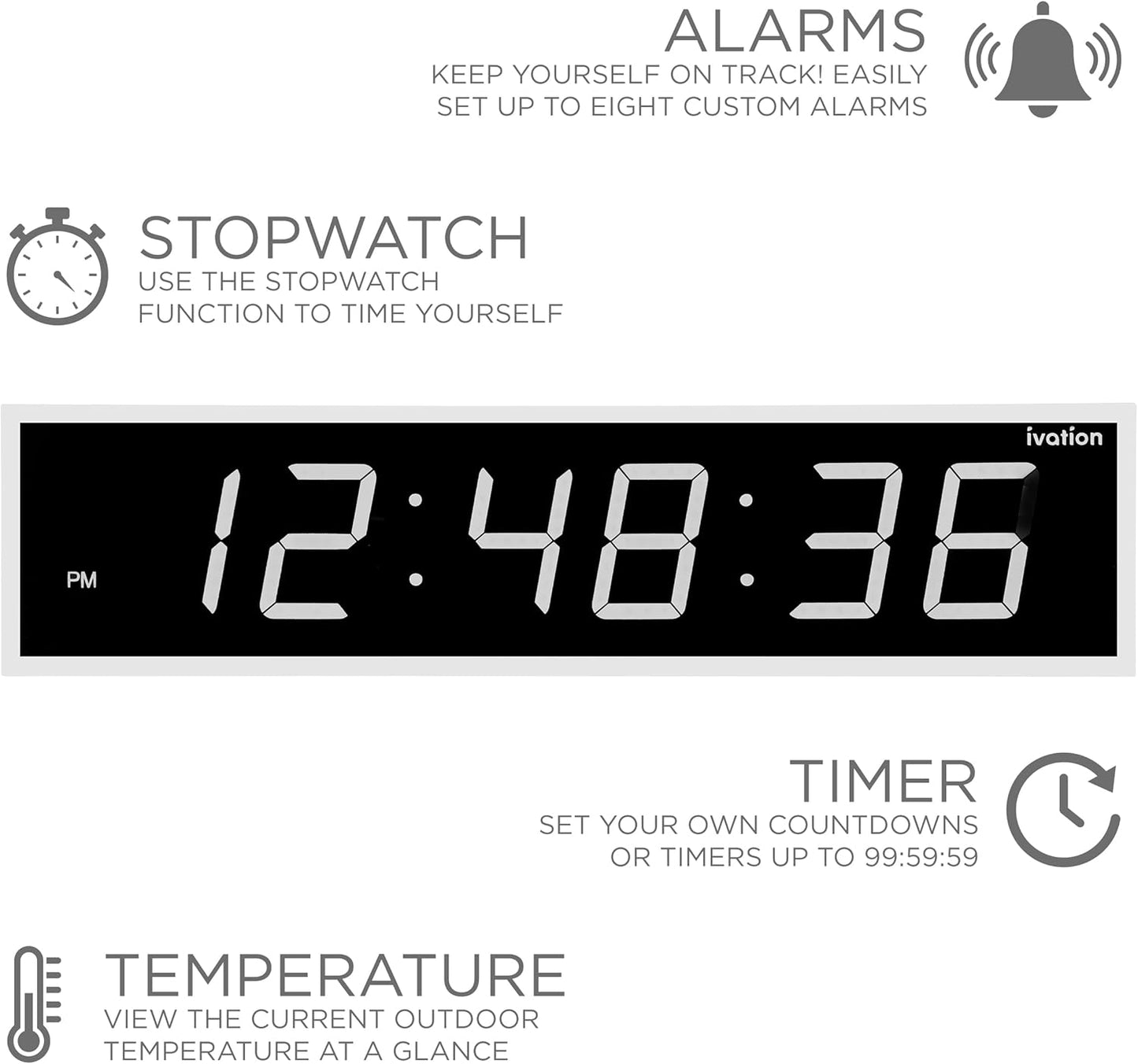 Ivation Huge Oversized 72" Large Digital LED Clock | Big Digital Clock w/Multi-Function Display – Stopwatch, Timer, Alarms, Temp & Date | 6 Brightness Levels, Time Memory & Remote (White)