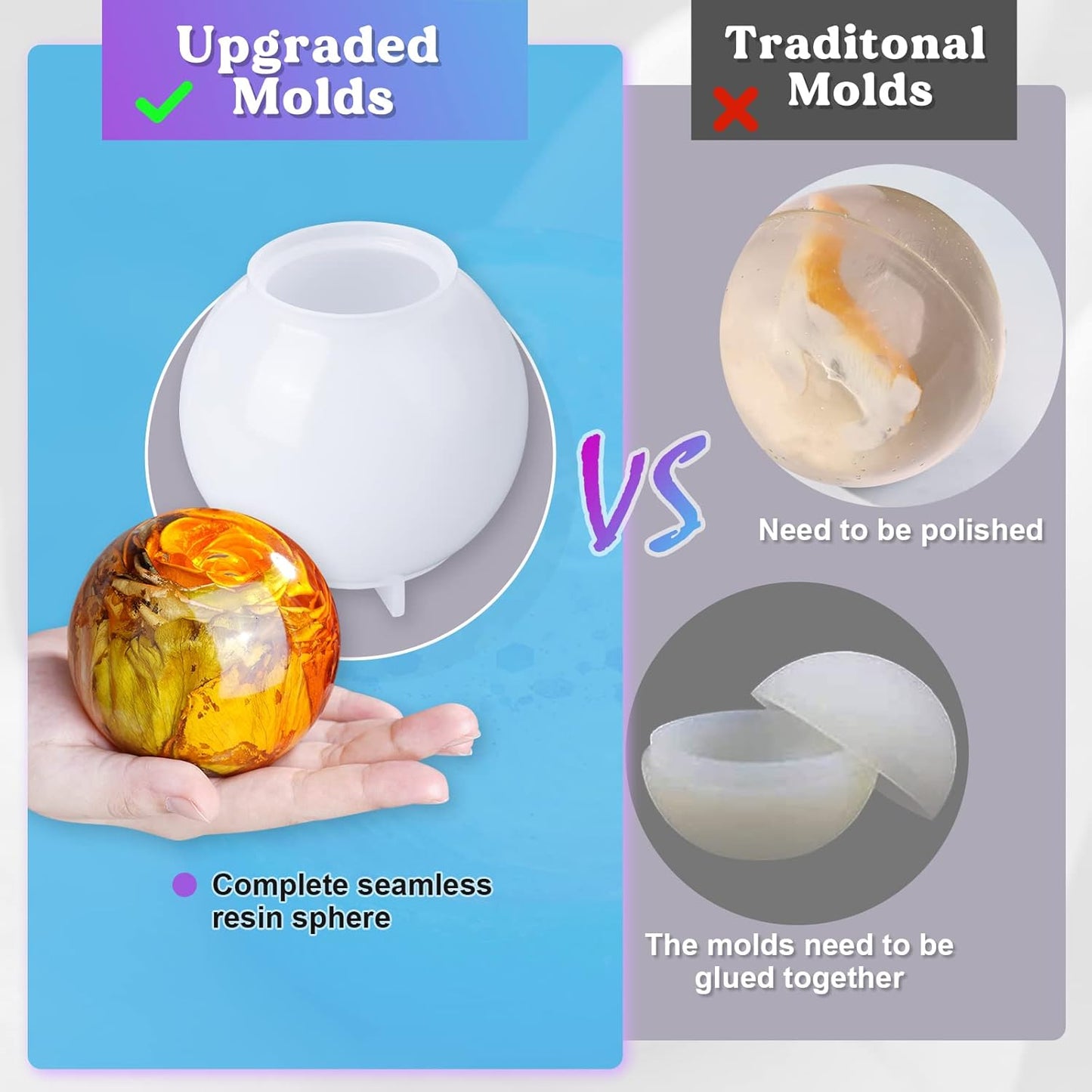 LET'S RESIN 9 Pcs Sphere Silicone Molds for Resin, Upgraded Seamless 3D Sphere Resin Molds Silicone,Large Round Ball Epoxy Resin Molds for Flowers Preservation,Resin Casting, Soap, Candle