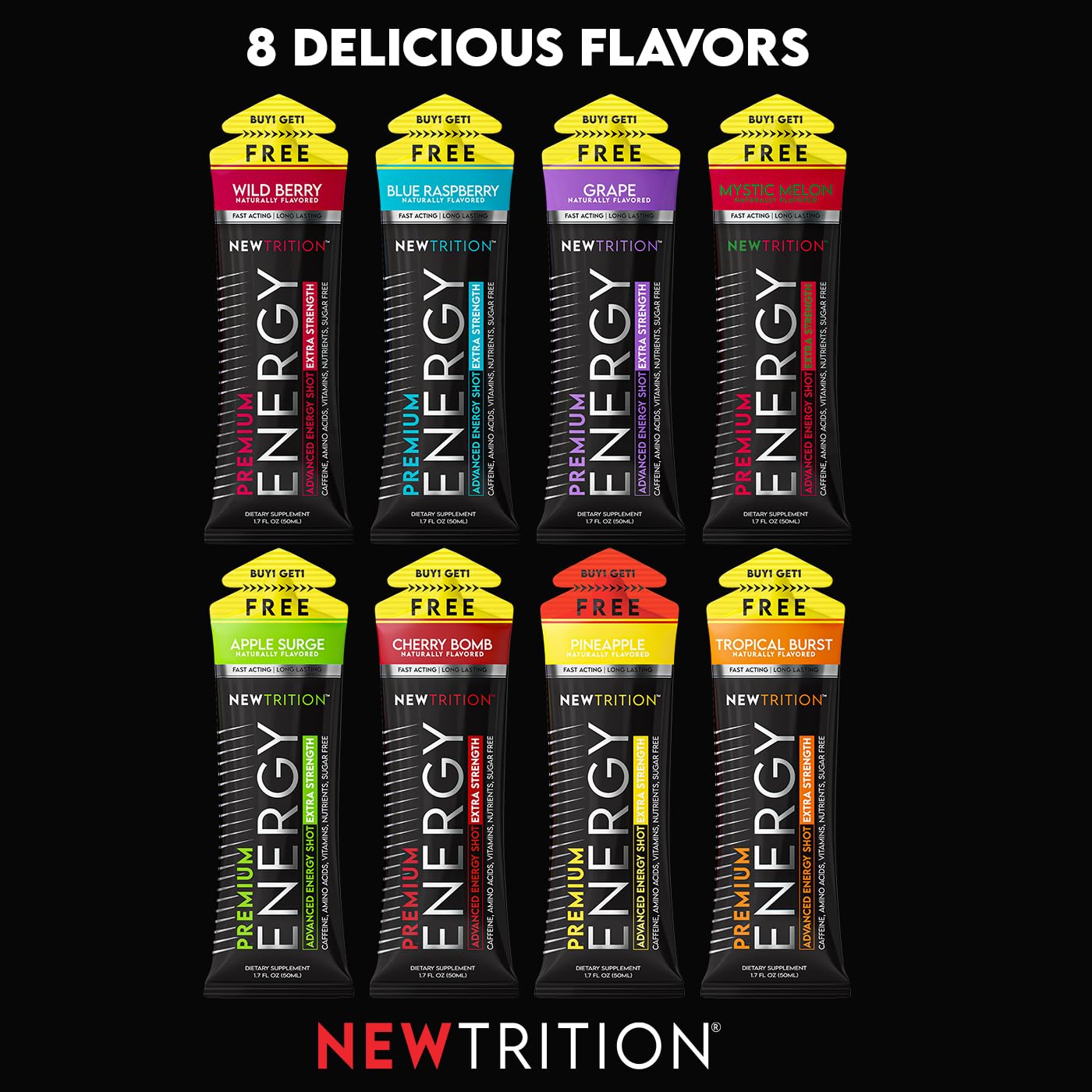 NewTrition® Extra Strength Energy Shots, 250mg Caffeine Energy Shots with Vitamin B & Amino Acids, Sugar-Free Vitamin Energy Shot, 1.7 fl oz (Pack of 12, Grape)