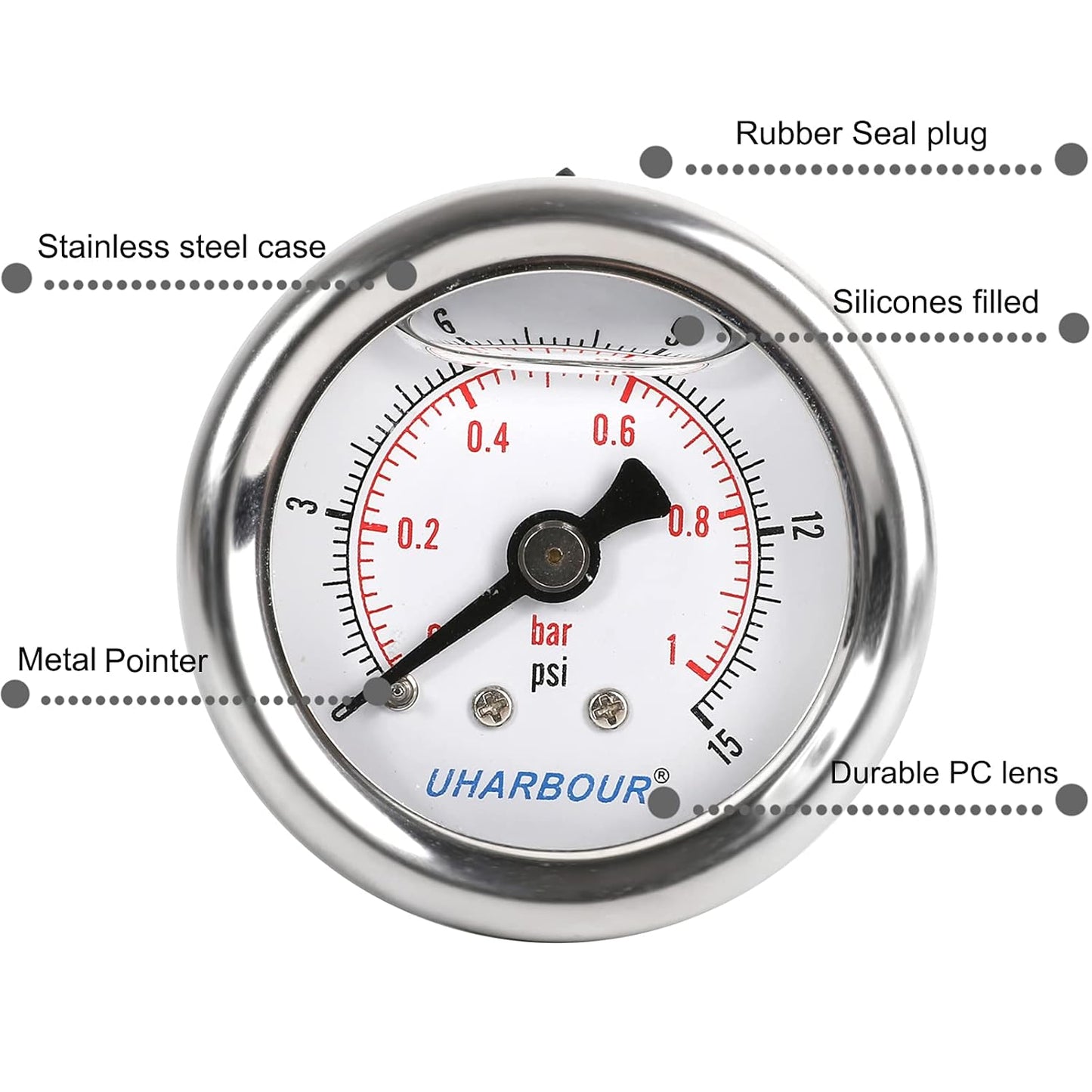 Glycerin Filled Pressure Gauge with 304 Stainless Steel Case, 1-1/2" Dial Size, 0-15Psi/Bar, High Accuracy, 1/8" NPT Center Back Mount…