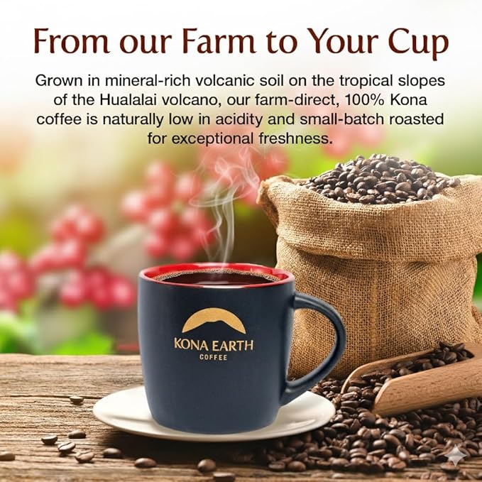 KONA EARTH 100% Kona Premium Coffee, Dark Roast, Whole Bean (8oz) Farm-Direct Authentic Hawaiian Kona Coffee beans from Hawaii’s Big Island, Micro-Batch-Roasted