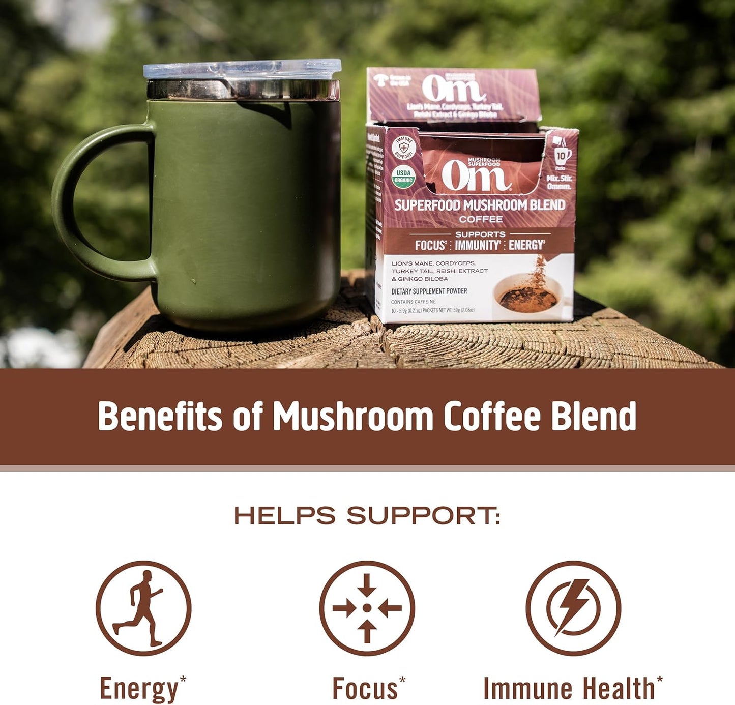 OM MUSHROOM SUPERFOOD Coffee Blend Mushroom Powder, 6.24 Ounce Canister, 30 Servings, Organic Arabica Beans, Lion's Mane, Cordyceps, Turkey Tail, Ginkgo Biloba, Supports Energy and Focus