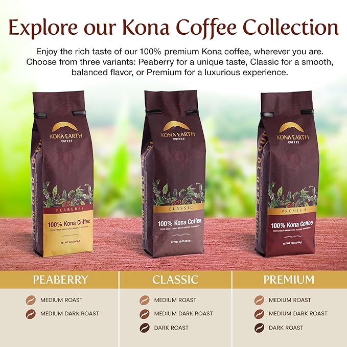 KONA EARTH 100% Kona Coffee, Classic Medium Roast, Whole Bean, 1 lb (16oz) Farm-Direct, Authentic Hawaiian Kona Coffee beans from Hawaii’s Big Island, Micro-Batch-Roasted