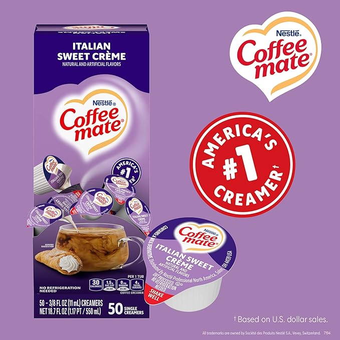 Nestle Coffee mate Coffee Creamer, Italian Sweet Creme, Liquid Creamer Singles, Non Dairy, No Refrigeration, 0.375 fl oz Tubs (Pack of 200)