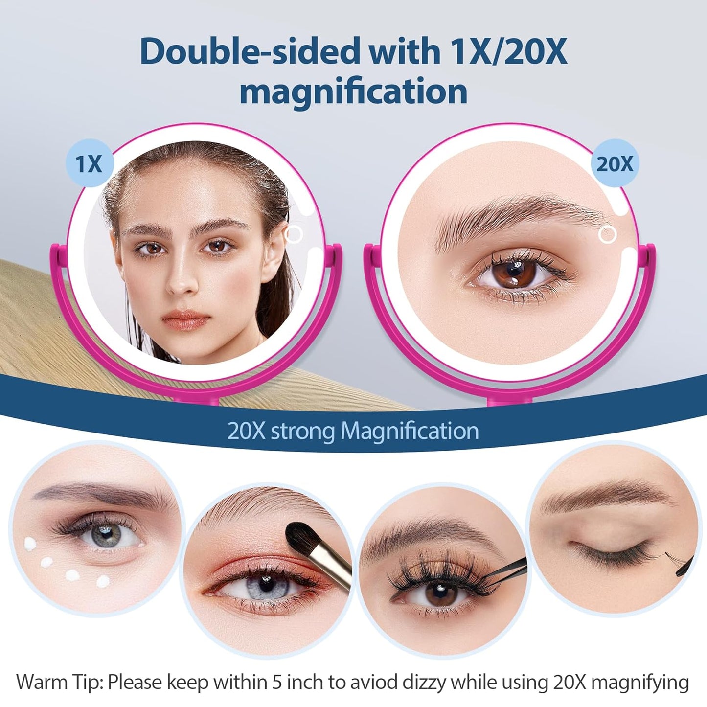 MIYADIVA Lighted Makeup Mirror, Type-C Rechargeable 20X Magnifying Mirror, 2-Sided Vanity Mirror with 3 Adjustable Lighting Modes, Focus on Detailed Makeup, Bathroom, Travel, Gift for Women Hot Pink