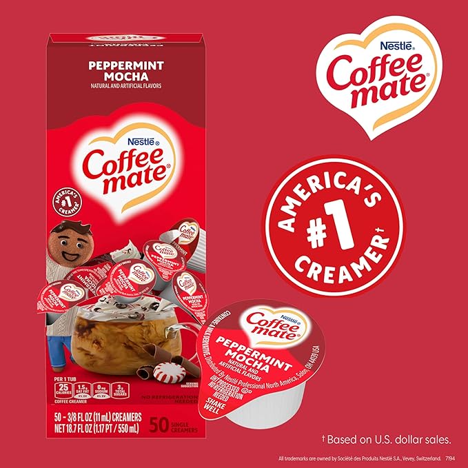 Nestle Coffee mate Coffee Creamer, Peppermint Mocha, Liquid Creamer Singles, Non Dairy, No Refrigeration, 0.375 fl oz Tubs (Pack of 200)