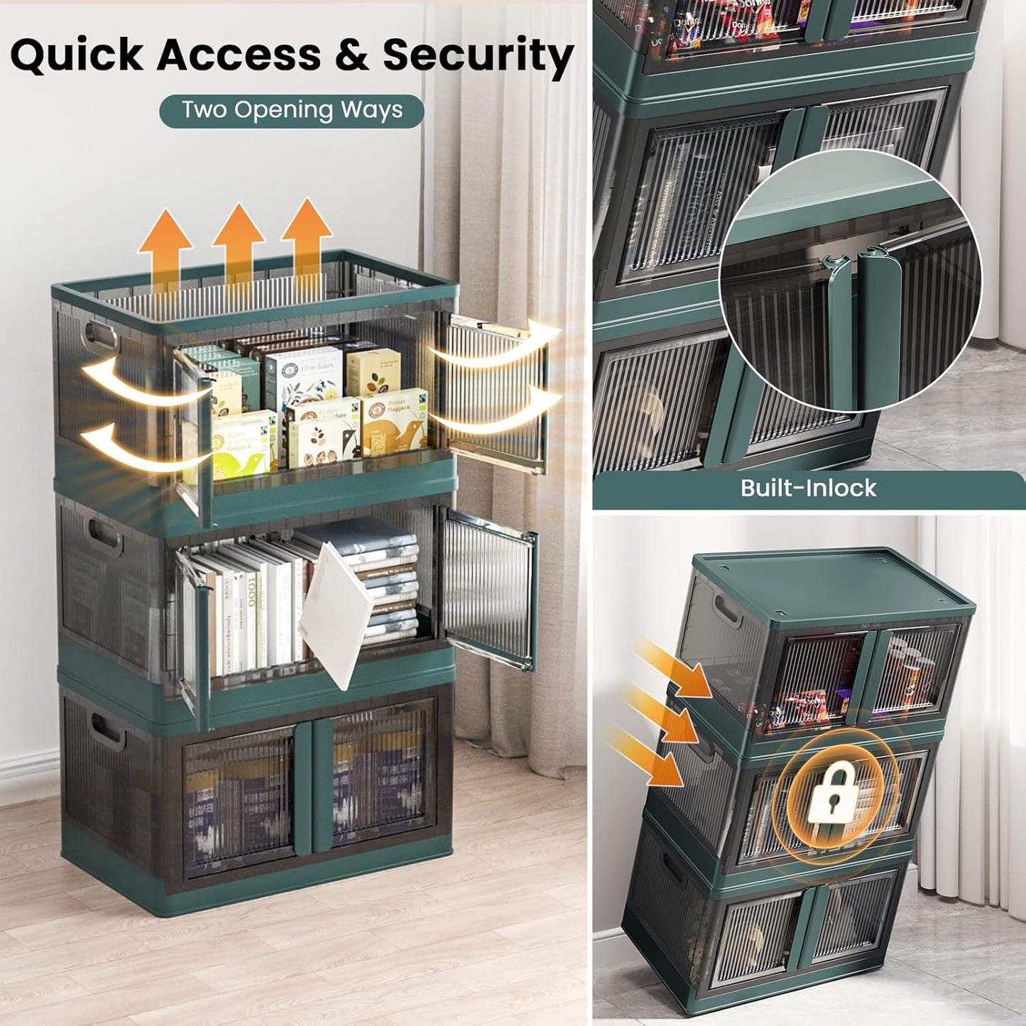 19Gal Collapsible Storage Bins with Lids & Wheels - 3 Pack Stackable with Doors, Heavy-Duty Plastic Containers for Home/Office, Green