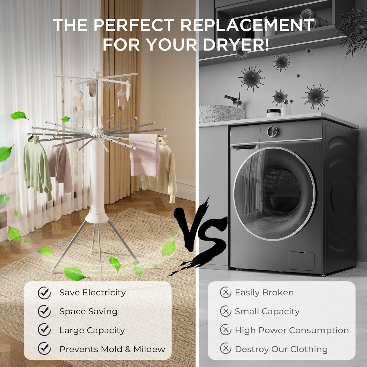 4-Legged Clothes Drying Rack, Portable Dryer Rack with 20 Clips, Outdoor Laundry Drying Rack with 4 Pulleys, Collapsible Drying Rack Clothing, Aluminum Hanging Dryer Rack for Clothes, Socks