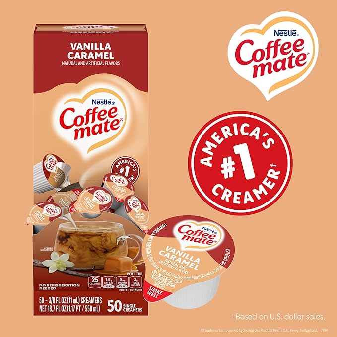 Nestle Coffee mate Coffee Creamer, Vanilla Caramel, Liquid Creamer Singles, Non Dairy, No Refrigeration, 0.375 fl oz Tubs (Pack of 200)