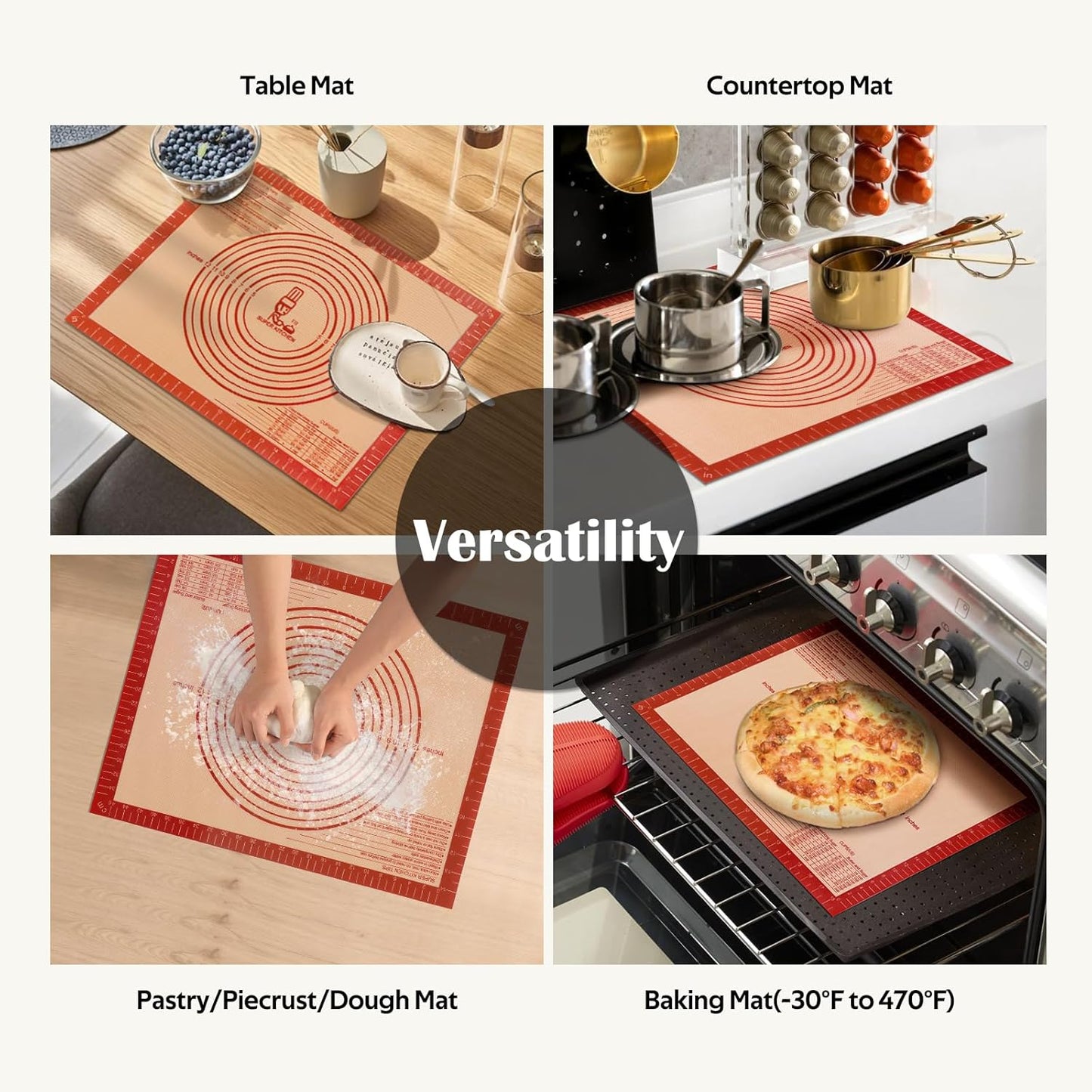Extra Thick Silicone Pastry Mat Large for NonStick Silicone Baking Mat with Measurement,for Kneading, Fondant/Counter Pad, Dough Rolling, Silicon Cookie Sheet, Pie Crust Bake(16×24, Red)