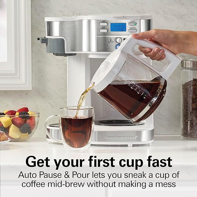 Hamilton Beach 2-Way Programmable Coffee Maker, 12 Cup Glass Carafe And Single Serve Coffee Maker, White with Stainless Steel Accents, 49933