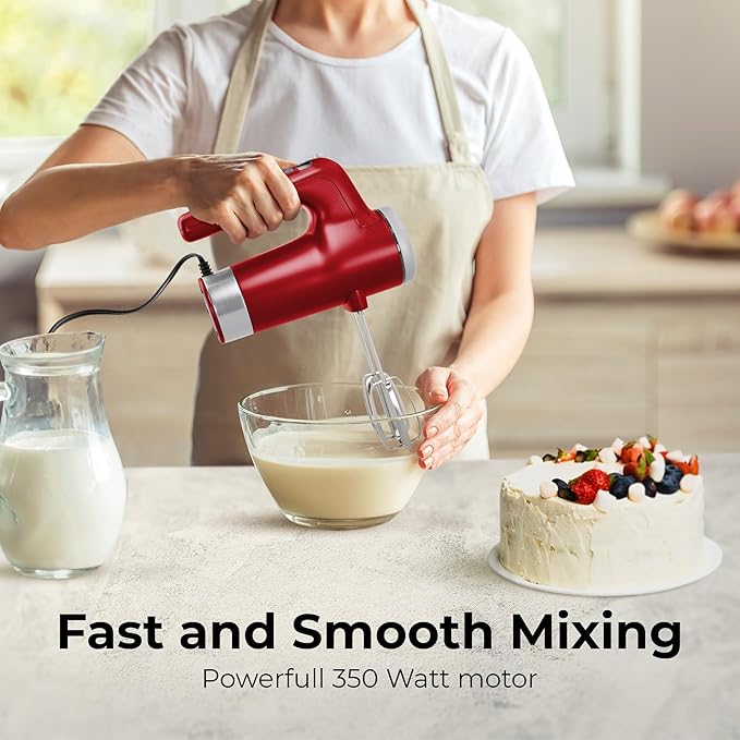 9 Speed Electric Handheld Mixer with Stainless Steel Whisk Beater Attachments & Snap Storage Case, Compact Lightweight 350 W Powerful hand held mixer for Baking & Cooking, Red