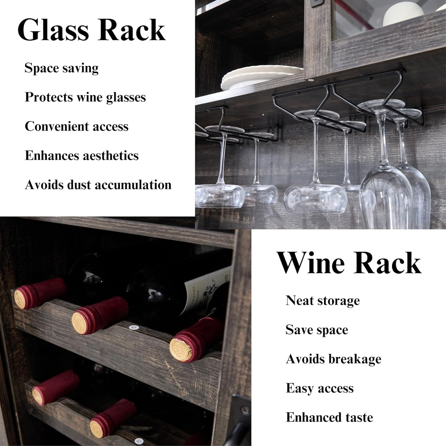 Coffee Bar Cabinet with Sliding Barn Doors 71'' Farmhouse Pantry Cabinet with Drawers & Wine Glass Rack Rustic Buffet Cabinet for Kitchen, Black