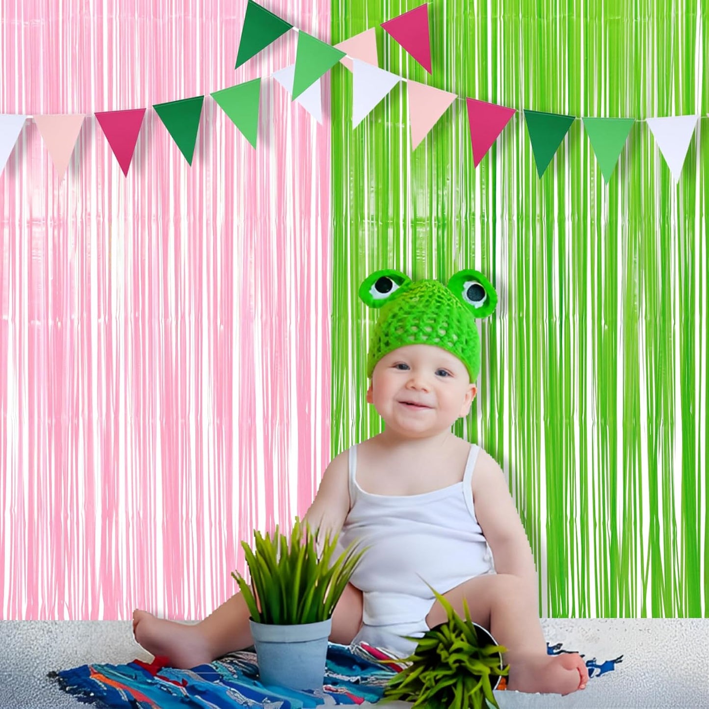 BRAVESHINE Party Streamers Backdrop - 2 Pack 3.2ft X 8.2ft Tinsel Foil Fringe Curtains for Halloween/Boo/Fairy/Girl Birthdays/Wizard/Baby Shower/Photos Booths/Pink and Green Party Decorations