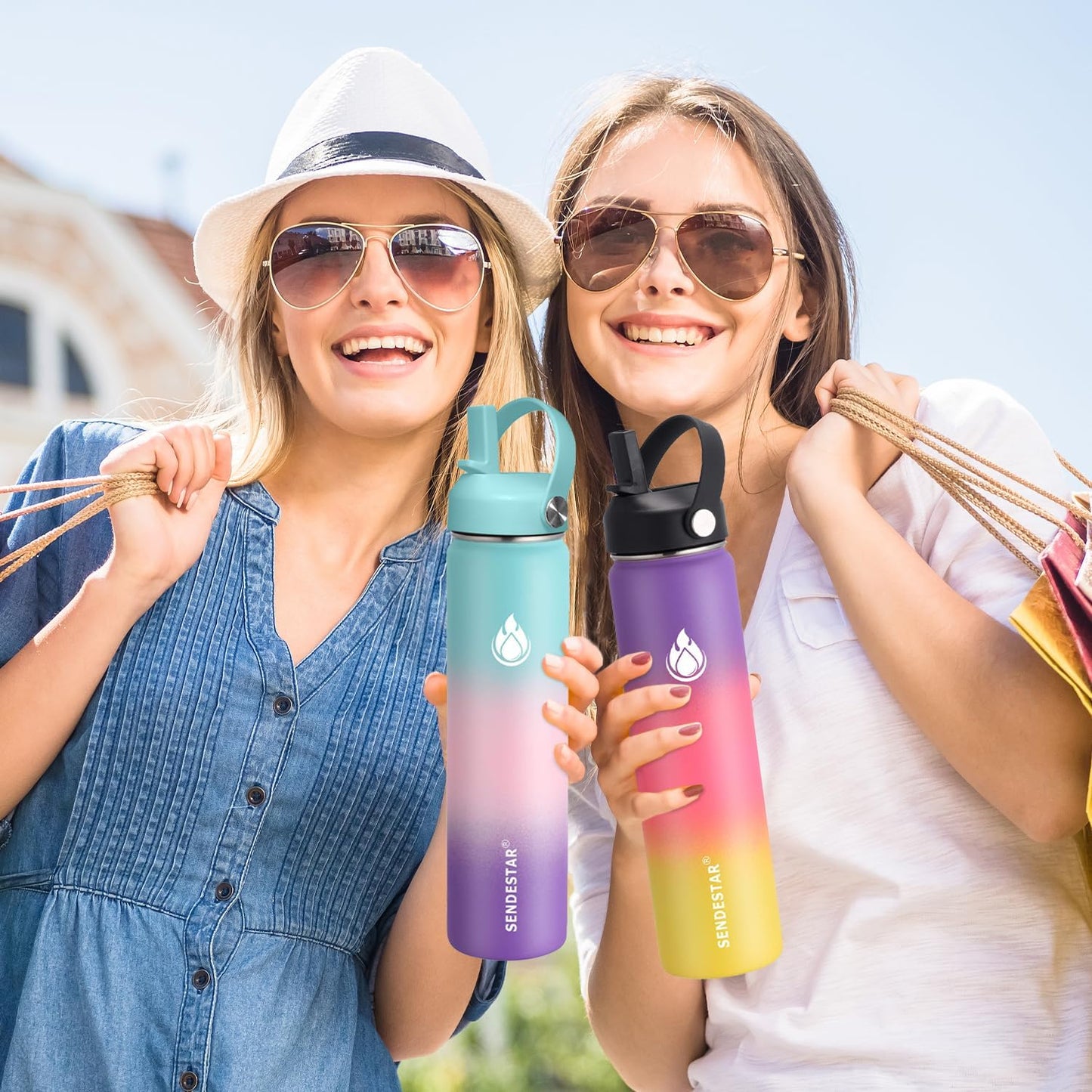 SENDESTAR Water Bottle 40oz Double Wall Vacuum Insulated Leak Proof Stainless Steel Sports Water Bottle—Wide Mouth with New Flex Straw Lid & Spout Lid (Day&Night)