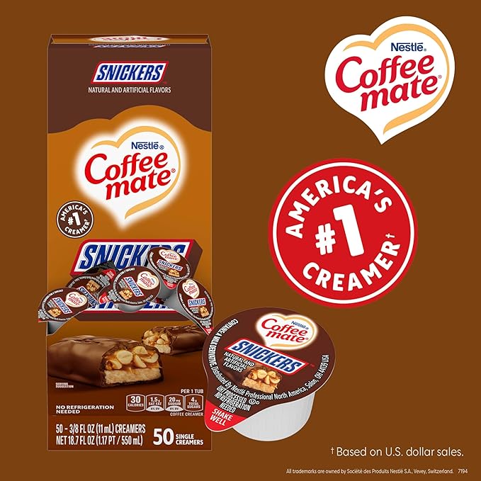 Nestle Coffee mate Coffee Creamer, Snickers, Liquid Creamer Singles, Non Dairy, No Refrigeration, 0.375 fl oz Tubs (Pack of 200)