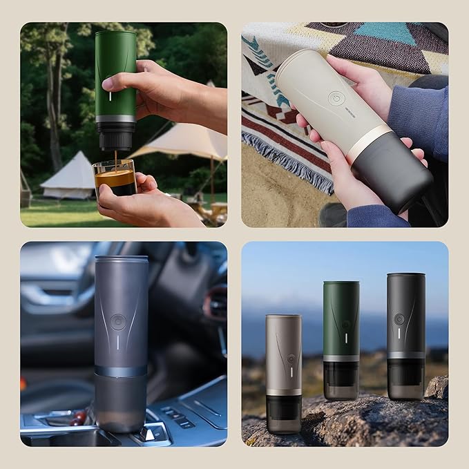 Portable Espresso Maker,Self-Heating Electric Mini Coffee Machine,Up to 20-Bar Pressure,Compatible with NS Capsules & Fine Grind,Coffee Maker for Outdoor Camping,Hiking,RV & Car/Air travel(Cream)