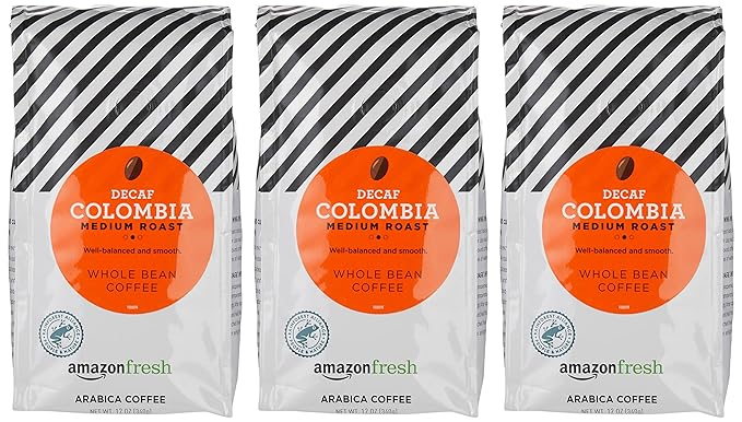 Amazon Fresh Decaf Colombia Whole Bean Coffee, Medium Roast, 12 Ounce (Pack of 3)