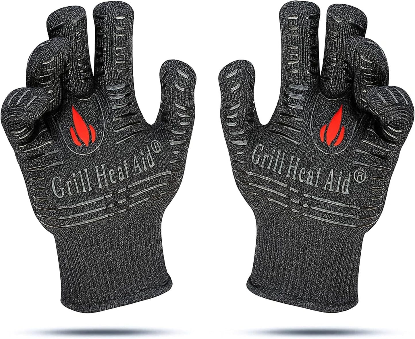 GRILL HEAT AID BBQ Grill Gloves Heat Proof for Grilling β Fireproof 1472Β°F Heat-Resistant Grill Mitts for Outdoor Barbecue and Smoker, Campfire, Fire Pit, Oven Glove with Fingers for Baking Pizza