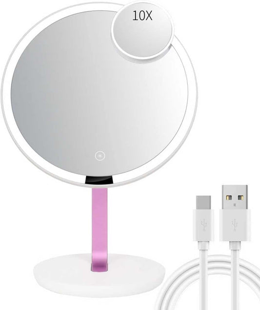 9.65-inch Lighting Makeup Mirror, 1x / 10x, Touch Control, 3-Color Adjustable, Metal Stand, up and Down Adjustable Makeup Mirror,High Color Rendering, Eye-Protecting Light Source,Pink